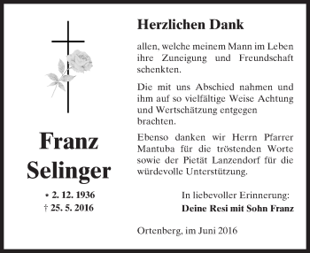 Traueranzeige von Franz Selinger von  Kreisanzeiger