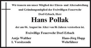 Traueranzeige von Hans Pollak von Trauerportal Echo Online