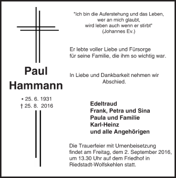 Traueranzeige von Paul Hammann von Trauerportal Echo Online