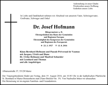 Traueranzeige von Josef Hofmann von Trauerportal Rhein Main Presse
