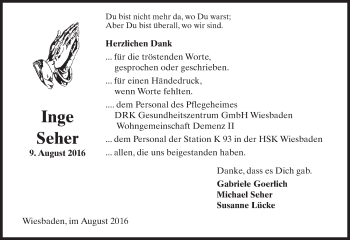 Traueranzeige von Inge Seher von Trauerportal Rhein Main Presse