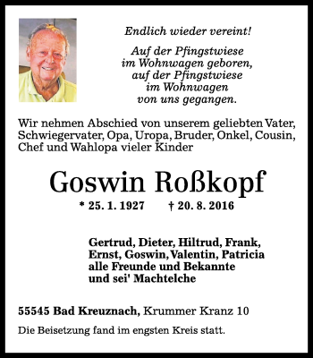 Traueranzeige von Goswin Roßkopf von Trauerportal Rhein Main Presse
