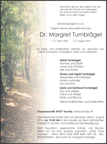 Traueranzeige von Margret Tumbrägel von Trauerportal Rhein Main Presse