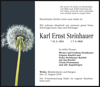 Traueranzeige von Karl Ernst Steinhauer von Trauerportal Rhein Main Presse