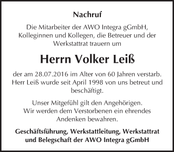 Traueranzeige von Volker Leiß von Trauerportal Echo Online