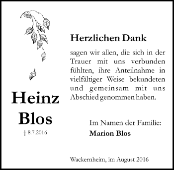 Traueranzeige von Heinz Blos von Trauerportal Rhein Main Presse