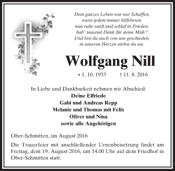 Traueranzeige von Wolfgang Nill von  Kreisanzeiger