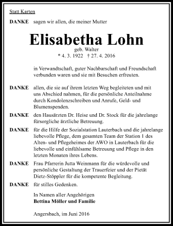 Traueranzeige von Elisabetha Lohn von VRM Trauer