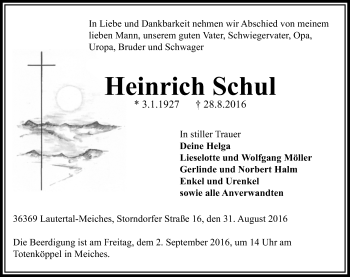 Traueranzeige von Heinrich Schul von VRM Trauer