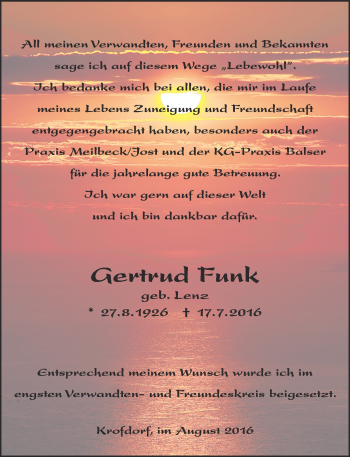 Traueranzeige von Gertrud Funk von  Gießener Anzeiger