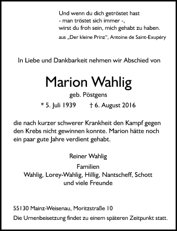 Traueranzeige von Marion Wahlig von Trauerportal Rhein Main Presse