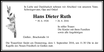 Traueranzeige von Hans Dieter Ruth von  Gießener Anzeiger