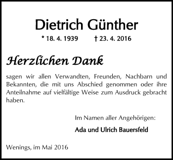 Traueranzeige von Dietrich Günther von  Kreisanzeiger