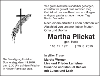 Traueranzeige von Martha Plickat von Trauerportal Echo Online
