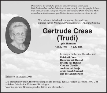Traueranzeige von Gertrude Cress von  Gelnhäuser Tageblatt