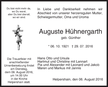 Traueranzeige von Auguste Hühnergarth von VRM Trauer
