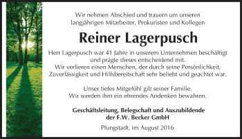Traueranzeige von Reiner Lagerpusch von Trauerportal Echo Online