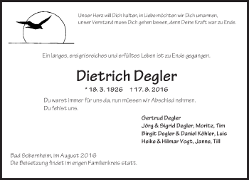 Traueranzeige von Dietrich Degler von Trauerportal Rhein Main Presse