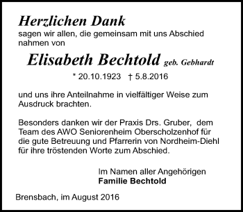 Traueranzeige von Elisabeth Bechtold von Trauerportal Echo Online