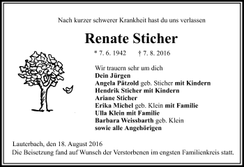 Traueranzeige von Renate Sticher von VRM Trauer