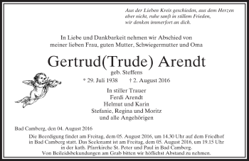 Traueranzeige von Gertrud Arendt von  Camberger Anzeiger