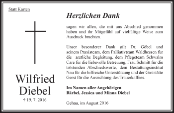 Traueranzeige von Wilfried Diebel von  OK Oberhessen Kurier