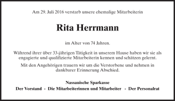 Traueranzeige von Rita Herrmann von Trauerportal Rhein Main Presse