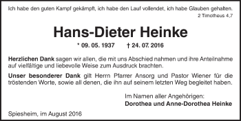 Traueranzeige von Hans-Dieter Heinke von Trauerportal Rhein Main Presse