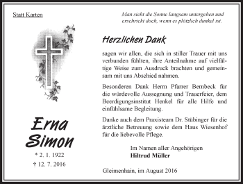 Traueranzeige von Erna Simon von  OK Oberhessen Kurier