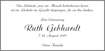 Traueranzeige von Ruth Gebhardt von VRM Trauer