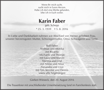 Traueranzeige von Karin Faber von  Gießener Anzeiger