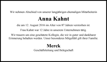 Traueranzeige von Anna Kahnt von Trauerportal Echo Online