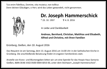 Traueranzeige von Joseph Hammerschick von  Gießener Anzeiger