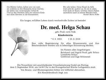 Traueranzeige von Helga Schau von  Gießener Anzeiger