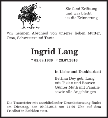 Traueranzeige von Ingrid Lang von Trauerportal Echo Online