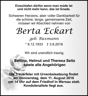 Traueranzeige von Berta Eckart von Trauerportal Echo Online
