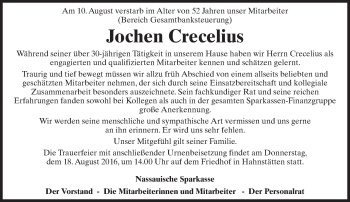 Traueranzeige von Jochen Crecelius von Trauerportal Rhein Main Presse