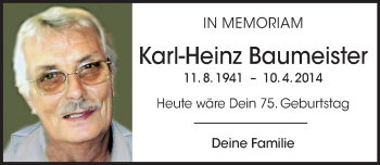 Traueranzeige von Karl-Heinz Baumeister von Trauerportal Rhein Main Presse