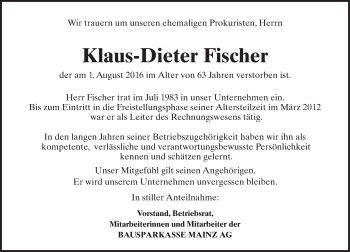 Traueranzeige von Klaus-Dieter Fischer von Trauerportal Rhein Main Presse