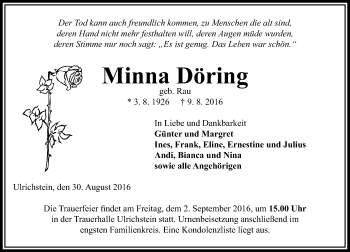 Traueranzeige von Minna Döring von VRM Trauer
