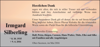 Traueranzeige von Irmgard Silberling von  Kreisanzeiger
