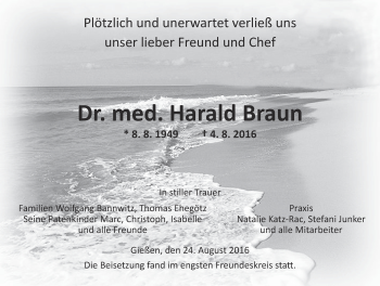 Traueranzeige von Harald Braun von  Gießener Anzeiger