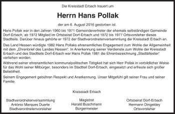 Traueranzeige von Hans Pollak von Trauerportal Echo Online