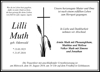 Traueranzeige von Lilli Muth von  Gelnhäuser Tageblatt
