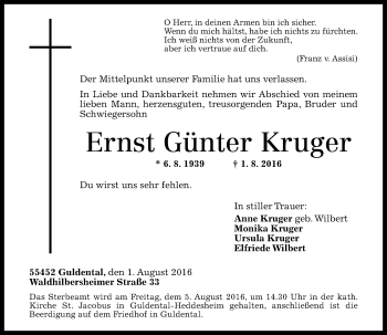 Traueranzeige von Ernst Günter Kruger von Trauerportal Rhein Main Presse