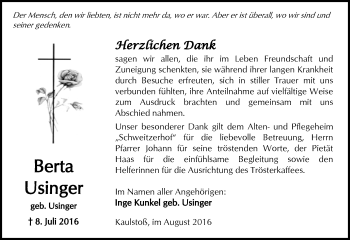 Traueranzeige von Berta Usinger von  Kreisanzeiger
