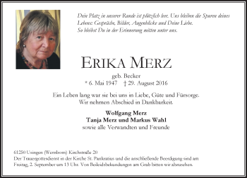Traueranzeige von Erika Merz von  Usinger Anzeiger