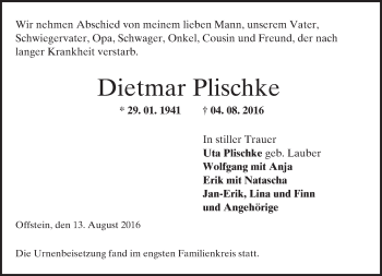 Traueranzeige von Dietmar Plischke von Trauerportal Rhein Main Presse