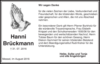 Traueranzeige von Hanni Brückmann von Trauerportal Echo Online