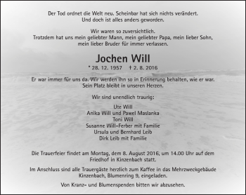 Traueranzeige von Jochen Will von  Gießener Anzeiger